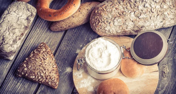 Diverse Fresh Bread Beautiful Wooden Background Concept Healthy Eating Baking — Stock Photo, Image