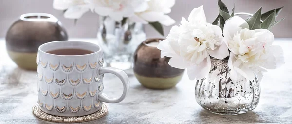 Csendélet Belső Részleteket Egy Csésze Tea Fából Készült Háttér Otthoni — Stock Fotó