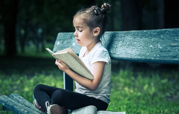 küçük sevimli kız bir bankta oturan ve parkta yeşil doğanın bir arka plan üzerine bir kitap okuma