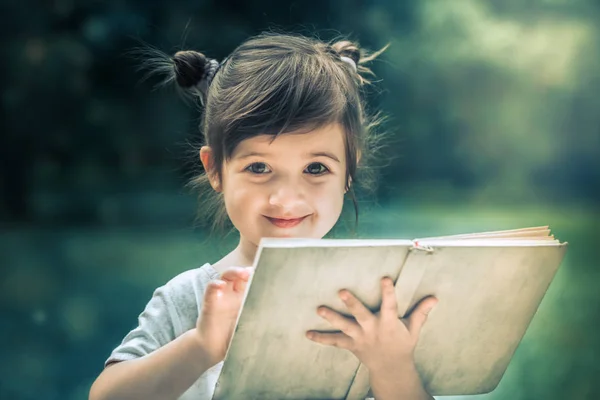 Kleines Nettes Kleines Mädchen Liest Ein Buch Park Vor Einem — Stockfoto