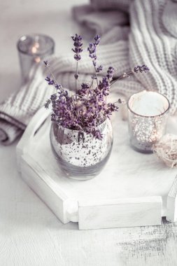 Natürmort eflatun bir cam masaya oturma odasında ev konfor kavramını