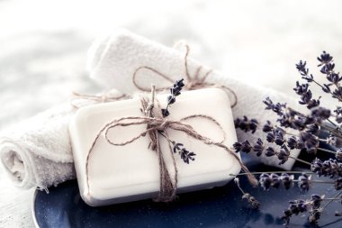 Spa natürmort lavanta ve hafif bir arka plan, metin için yer olarak güzel bir tabakta sabun ile