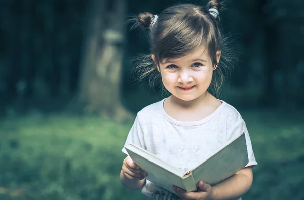 Kleines Nettes Kleines Mädchen Liest Ein Buch Park Vor Einem — Stockfoto