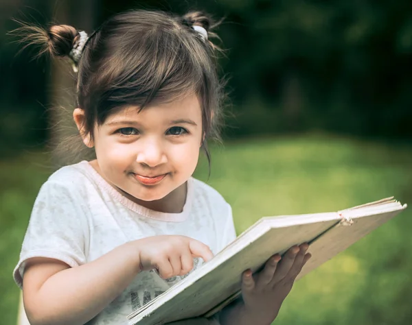 Kleines Nettes Kleines Mädchen Liest Ein Buch Park Vor Einem — Stockfoto