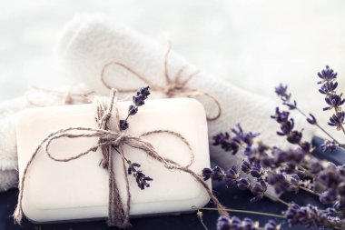 Spa natürmort lavanta ve hafif bir arka plan, metin için yer olarak güzel bir tabakta sabun ile