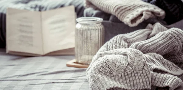 Knitted Warm Sweaters Cozy Composition Home Atrosphere — Stock Photo, Image