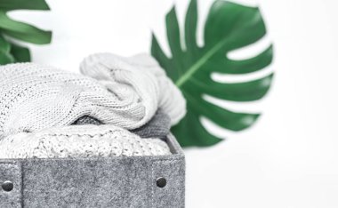 beyaz bir arka plan, metin, alan üzerinde yeşil bir yaprak düzgünce katlanmış giysilerle Monstera bitki