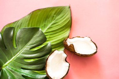 güzel tropikal yaprak ve pembe bir arka plan üzerine Hindistan cevizi yarısı