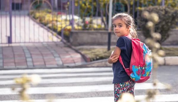 Git çocukları bir sırt çantası ile mutlu bir öğrenci okula yolun bir çocuk, metin için bir yer ile eğitim kavramı haçlar