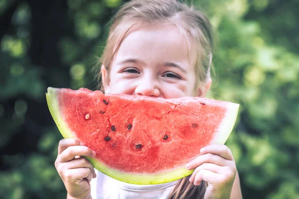 Little Cute Girl Holding Piece Watermelon Smiling Baby Food Health — Stock Photo, Image