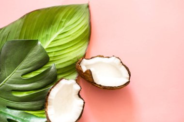 güzel tropikal yaprak ve pembe bir arka plan üzerine Hindistan cevizi yarısı