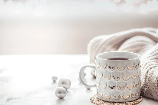 Cozy Winter Composition Cup Sweater Light Festive Background — Stock Photo, Image
