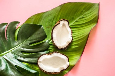 güzel tropikal yaprak ve pembe bir arka plan üzerine Hindistan cevizi yarısı