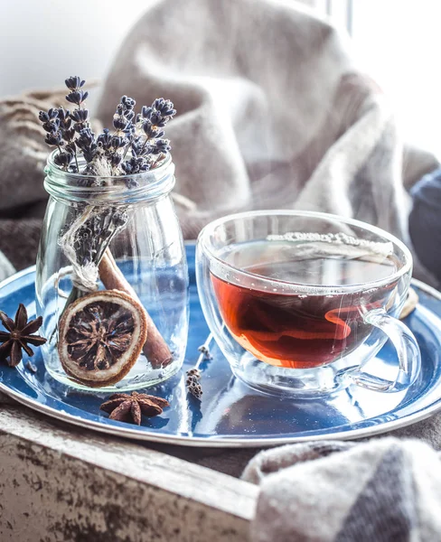 Still Life Decor Cup Tea Plate Window Concept Coziness — Stock Photo, Image