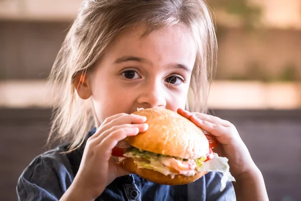 Little Cute Girl Eating Sandwich Cafe Concept Children Fast Food — Stock Photo, Image