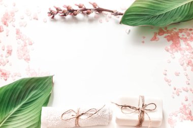 tropikal yaprak, vücut bakımı ve gevşeme kavramı, metin için yer ile beyaz arka plan üzerinde organik spa ürünleri