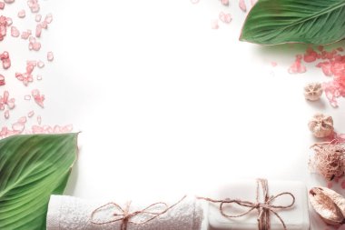 tropikal yaprak, vücut bakımı ve gevşeme kavramı, metin için yer ile beyaz arka plan üzerinde organik spa ürünleri