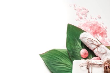 tropikal yaprak, vücut bakımı ve gevşeme kavramı, metin için yer ile beyaz arka plan üzerinde organik spa ürünleri