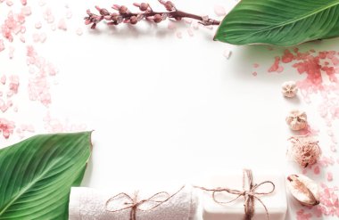 tropikal yaprak, vücut bakımı ve gevşeme kavramı, metin için yer ile beyaz arka plan üzerinde organik spa ürünleri