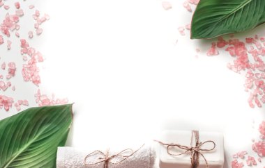 tropikal yaprak, vücut bakımı ve gevşeme kavramı, metin için yer ile beyaz arka plan üzerinde organik spa ürünleri