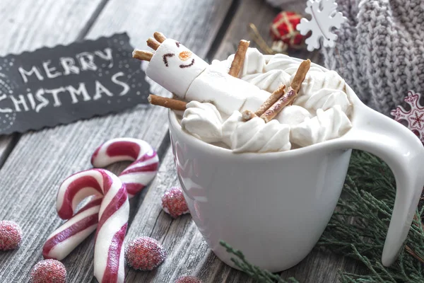 Weihnachts Kakao Konzept Mit Marshmallows Auf Holzgrund Gemütlicher Festatmosphäre — Stockfoto