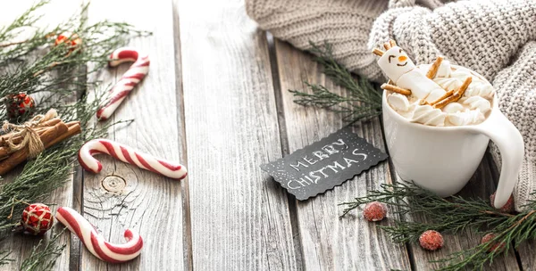 Christmas Cocoa Concept Marshmallows Wooden Background Cozy Festive Atmosphere — Stock Photo, Image