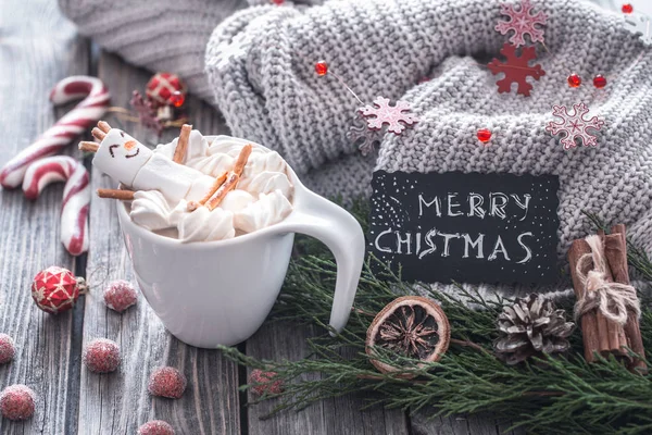 Weihnachts Kakao Konzept Mit Marshmallows Auf Holzgrund Gemütlicher Festatmosphäre — Stockfoto