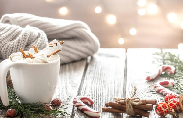 Weihnachts Kakao Konzept Mit Marshmallows Auf Holzgrund Gemütlicher Festatmosphäre — Stockfoto