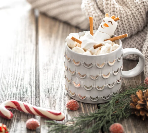 Concepto Cacao Navidad Con Malvaviscos Sobre Fondo Madera Ambiente Festivo — Foto de Stock