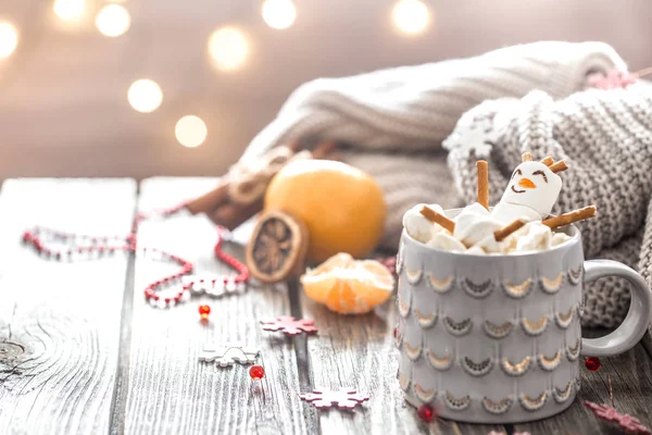 Christmas Cocoa Concept Marshmallows Wooden Background Cozy Festive Atmosphere — Stock Photo, Image