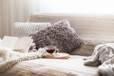 Ev konfor, oturma odası kanepe ve iç ayrıntılar, sade bir atmosfer ve konfor kavramı ile