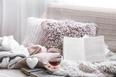 Ev konfor, oturma odası kanepe ve iç ayrıntılar, sade bir atmosfer ve konfor kavramı ile