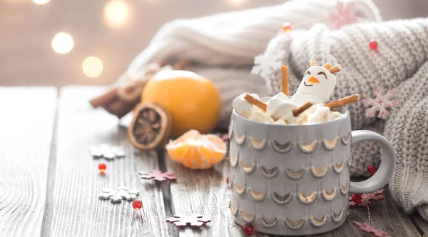 Weihnachts Kakao Konzept Mit Marshmallows Auf Holzgrund Gemütlicher Festatmosphäre — Stockfoto