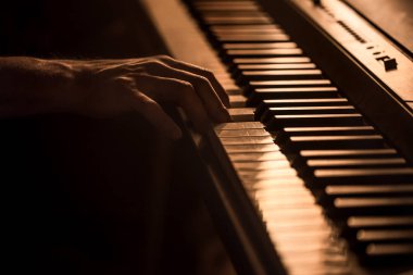 Erkek güzel renkli arka plan, müzik etkinliği kavramı piyano tuşları closeup eller
