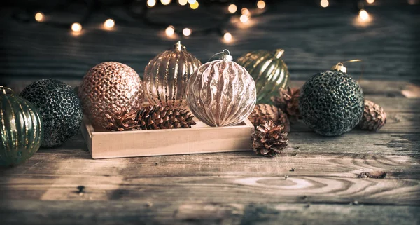 Natale Capodanno Sfondo Festivo Giocattoli Vintage Sull Albero Natale Uno — Foto Stock