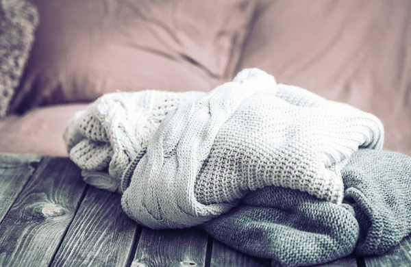 Warm Clothes Knitted Sweaters Wooden Table Living Room Home Concept — Stock Photo, Image