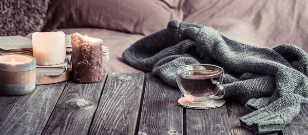 Natura Morta Accogliente Casa Dettagli Interni Nel Soggiorno Tavolo Legno — Foto Stock