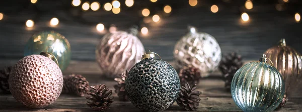 Natale Capodanno Sfondo Festivo Giocattoli Vintage Sull Albero Natale Uno — Foto Stock