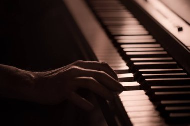 Erkek güzel renkli arka plan, müzik etkinliği kavramı piyano tuşları closeup eller