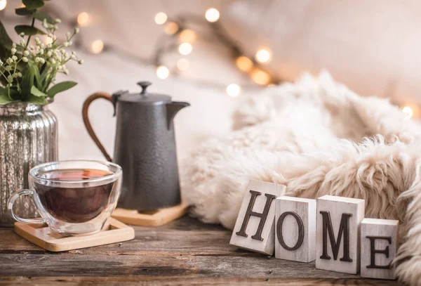 Composition Homely Festive Atmosphere Interior Home Decor Items Wooden Letters — Stock Photo, Image
