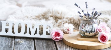 Ahşap arka plan, ev dekorasyonu kavramı üzerinde rahat ev kompozisyon