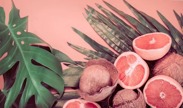 Verão Colorido Folhas Tropicais Frutos Coco Com Toranja Fundo Colorido — Fotografia de Stock