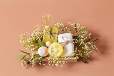 Spa görünümünü top ve vücut bakım aksesuarları renkli arka plan üzerinde ahşap kutusunda. Sabun, yaprak, çiçek, banyo bombalar ve vücut ve yüz aksesuarları ile