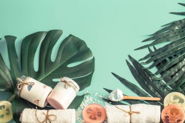 Natürmort spa öğelerle ilgili renkli bir arka plan ile tropikal yaprak, vücut bakımı ve spa bakımları kavramı