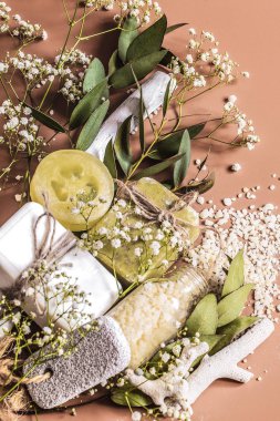 Havlu, sabun, tuz, yaprak, çiçek, banyo bombalar ve renkli arka plan üzerinde vücut ve yüz aksesuarları Spa kavramı. Metin için yer