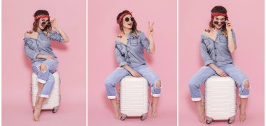 Pembe arka planda kadın ve bavul ile kolaj