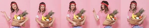 Collage with woman and fruit on pink background