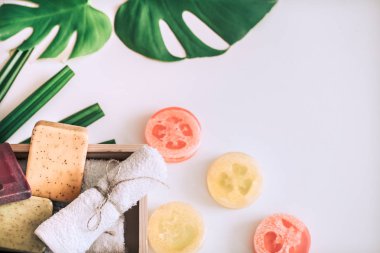 Beyaz arka planda tropikal yaprakları ile Spa kompozisyonu