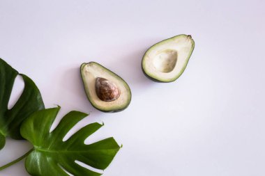 Beyaz arka planda tropikal yaprakları ile Avokado