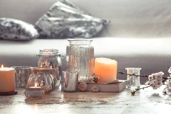 home still life with candles and vase in the living room